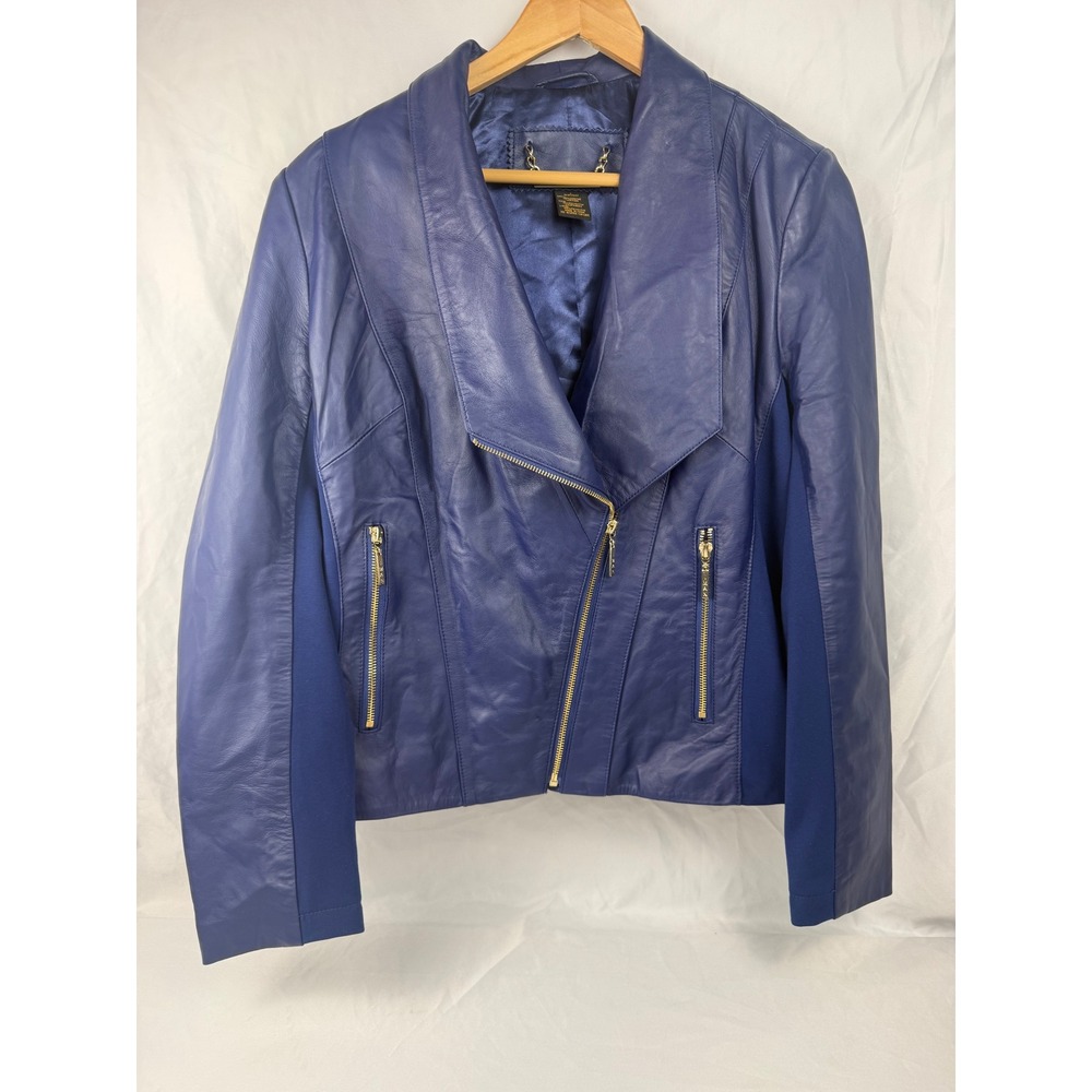 IMAN Global Chic Womens Blue Genuine‎ Leather Moto Jacket Gold Hardware Size L